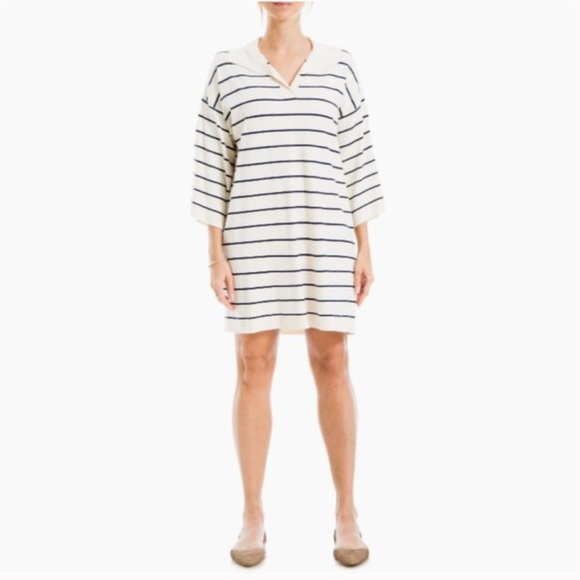 Max Studio Johnny collar striped knit dress color off white caramel small - Picture 3 of 13